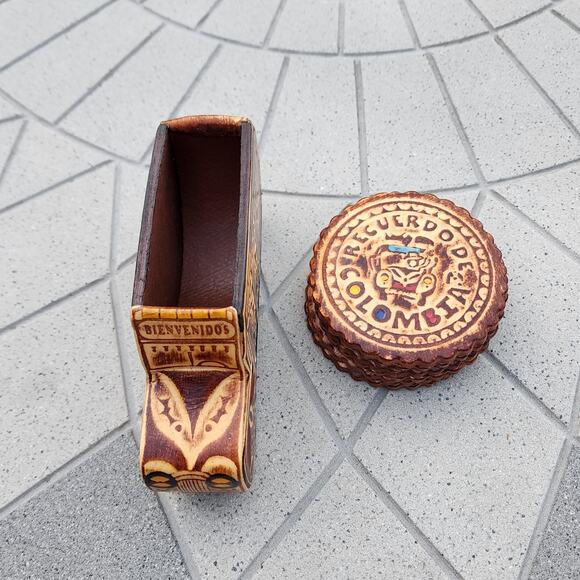 Colombia Folk Art Handcrafted Leather Bus Scalloped Coaster Holder Souvenir - Picture 7 of 11